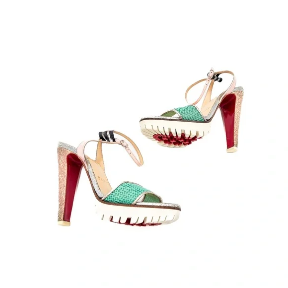 Christian Louboutin Discoport Pastel Ankle Strap Lug Block Glitter Heels EU 37 - Picture 4 of 8